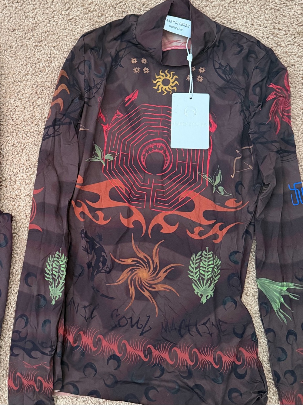 Marine Serre Brown Top with Red and Yellow Graphic Motifs